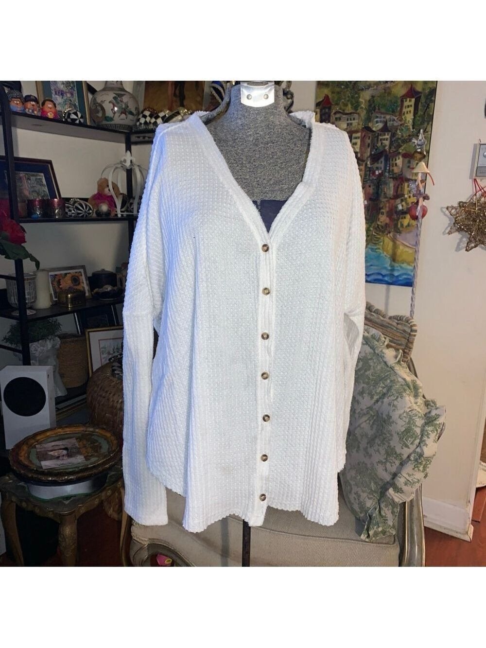 Women's Out From Under White Waffle Knit Cardigan M with Brown Buttons